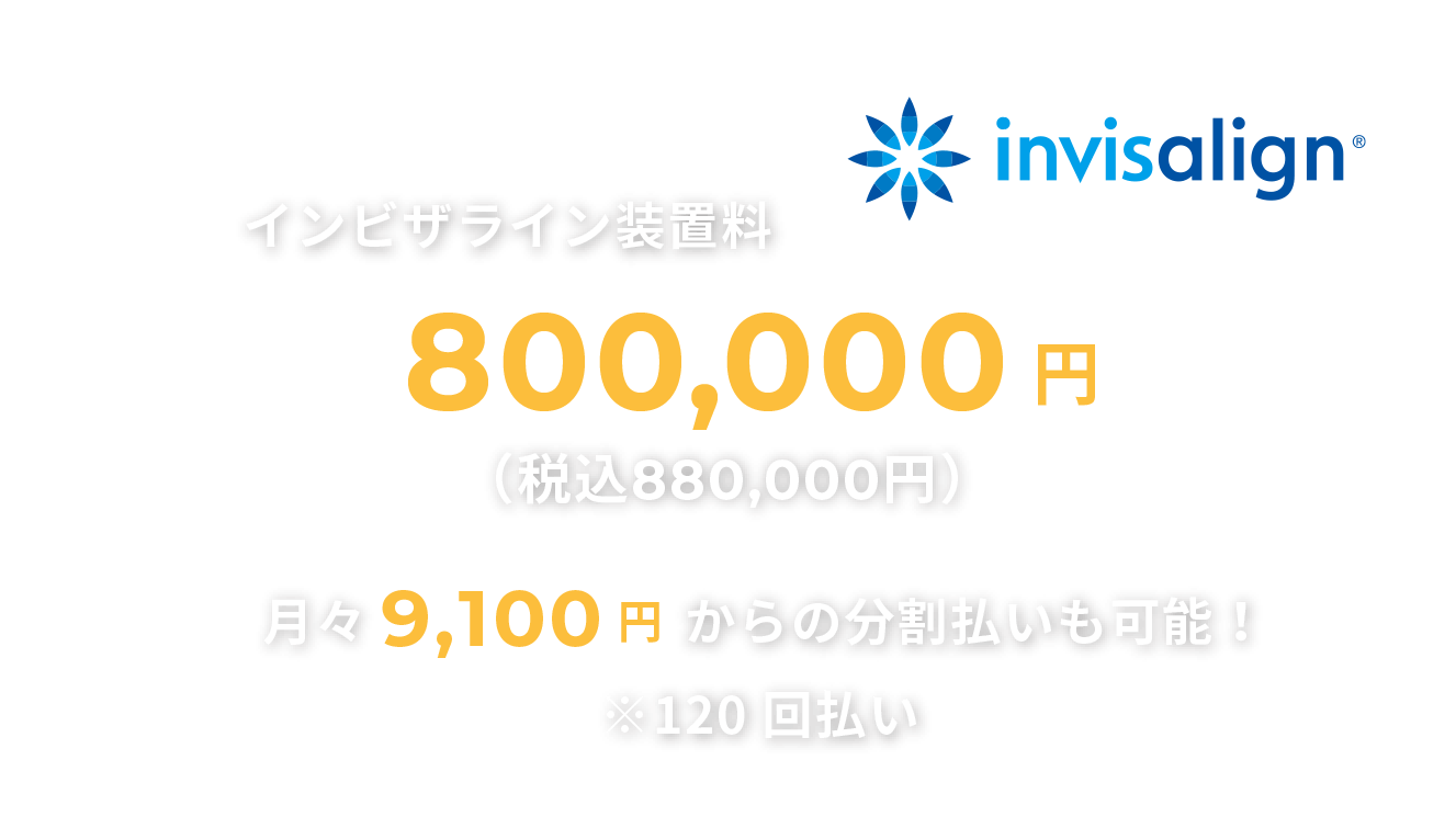 インビザライン装置料：800,000円（税込880,000円）　月々9,100円からの分割払いも可能！※120回払い